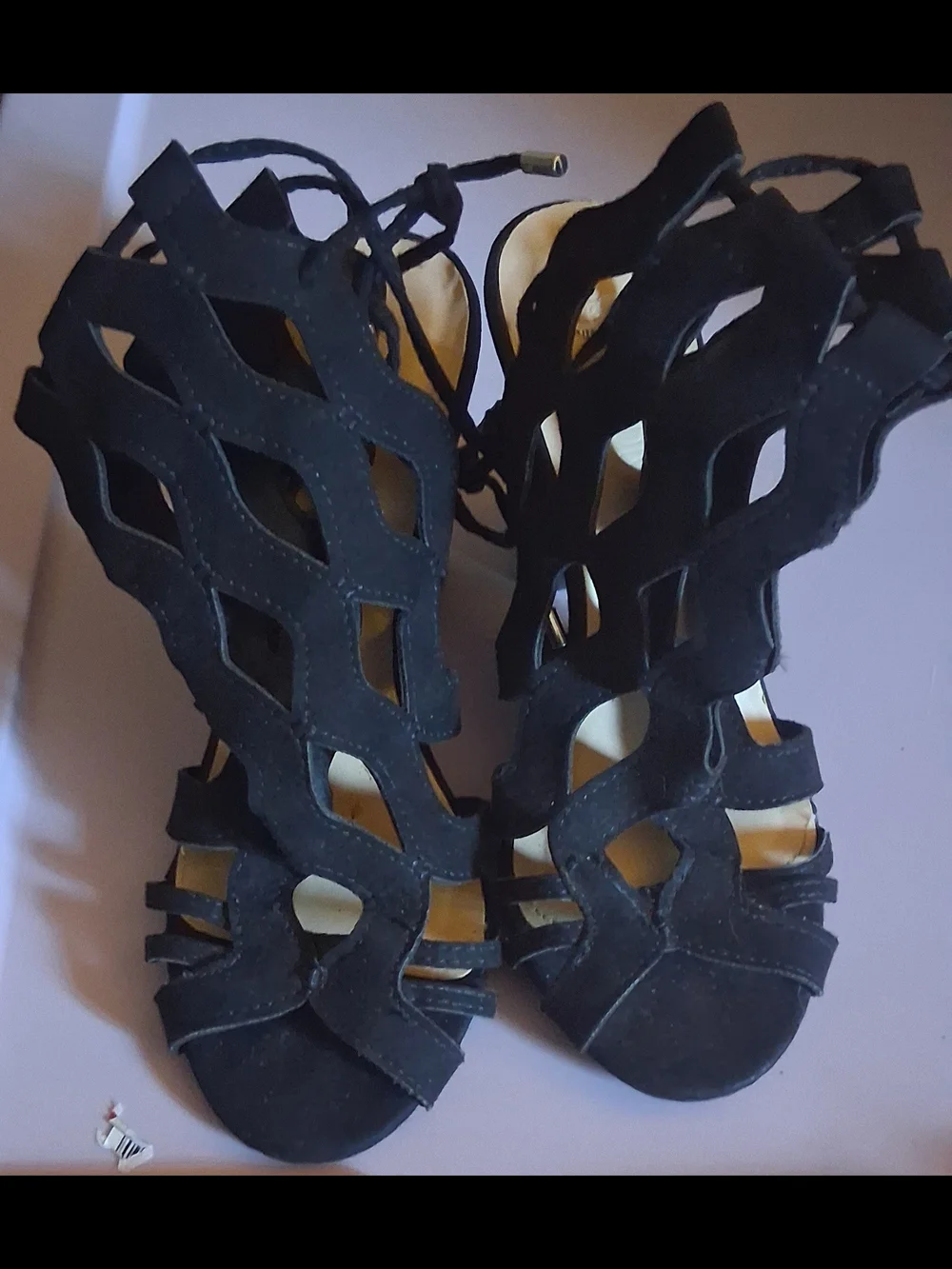 Wild Diva Black Lace-Up Cutout Block Heel Sandals